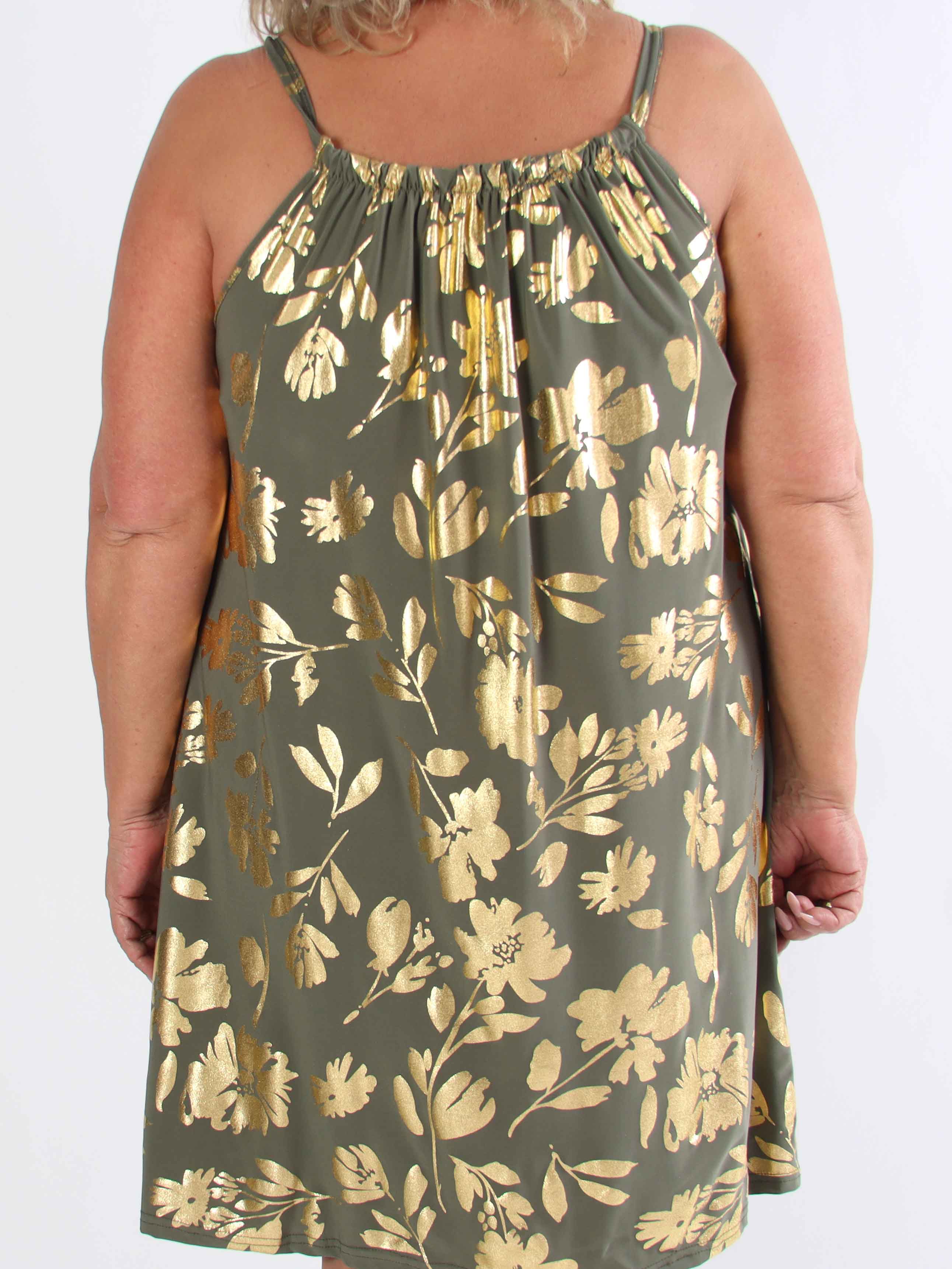 SunLove Gold Flower - Elastisk plus size stropkjole med store guldblade